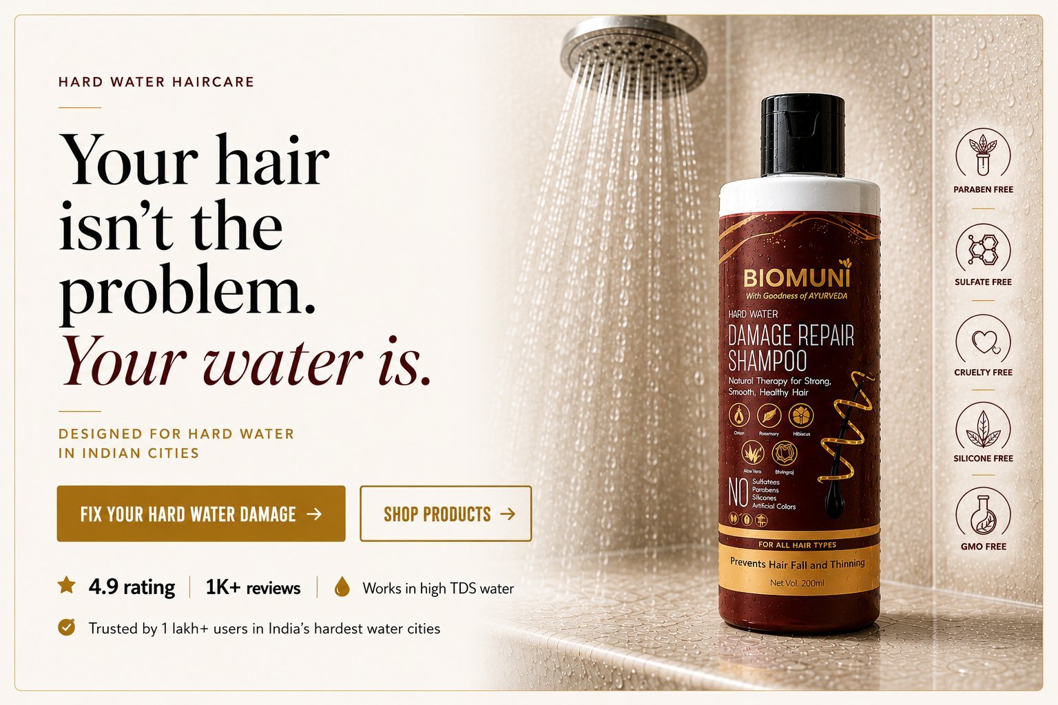 Your hair isn't the problem. Your water is. โ BioMuni Hard Water Damage Repair Shampoo